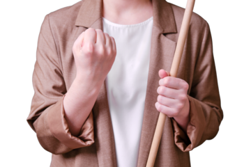Woman teacher shaking fist on studio isolated on a white background, copy space