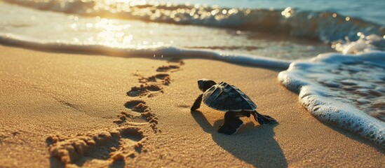 Little Sea Turtle Cub Crawls along the Sandy shore in the direction of the ocean to Survive Hatched New Life Saves Way to life Tropical Seychelles footprints in the sand forward to a new life - obrazy, fototapety, plakaty