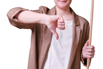 Woman teacher with thumb down gesture on studio isolated on a white background, copy space