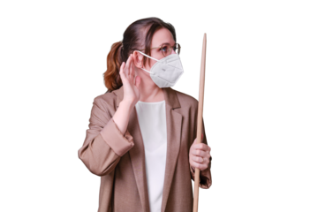 Woman teacher in medical face mask shows listen sign gesture on studio isolated on a white background, copy space