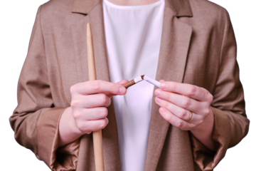 Woman teacher holding broken cigarette on studio isolated on a white background, close-up