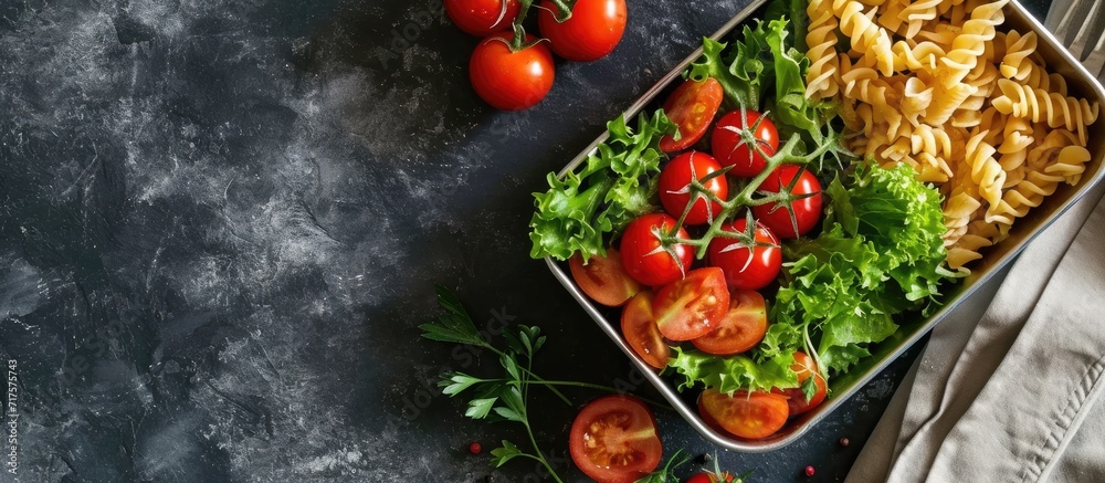 Aufkleber Lunch Box With Cherry Tomatoes Salad Pasta. Copy space image. Place for adding text or design