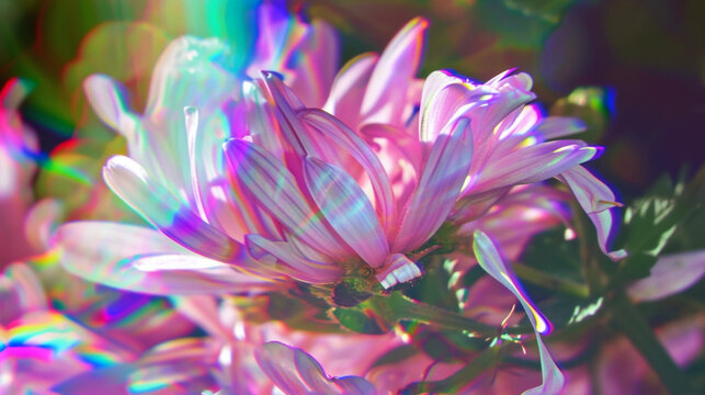 Prismatic Garden Flowers, Macro Pink Blossom, Trippy Prism Lens Effect. Copy paste area for texture