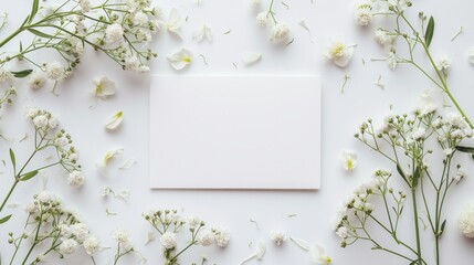 Background white top view up photo floral day flower mock wedding bridal invite. White banner card background shower above bride blank top date template save border design mockup product party empty  - obrazy, fototapety, plakaty