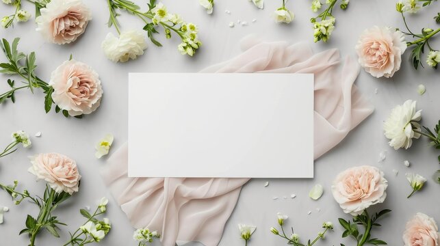 Background white top view up photo floral day flower mock wedding bridal invite. White banner card background shower above bride blank top date template save border design mockup product party empty 