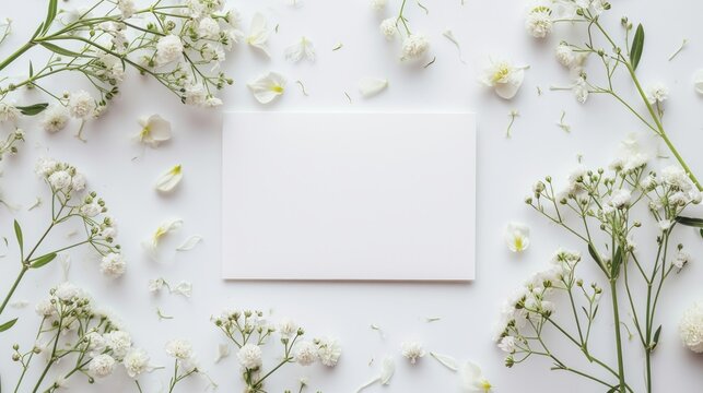 Background white top view up photo floral day flower mock wedding bridal invite. White banner card background shower above bride blank top date template save border design mockup product party empty 