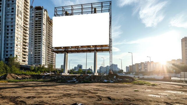 Blank billboard on construction site next to unfinished building Copy space image Place for adding text or design   