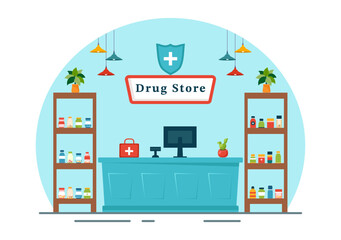 Drug Store Vector Illustration with Shop for the Sale of Drugs, a Pharmacist, Medicine, Capsules and Bottle in Healthcare Flat Cartoon Background