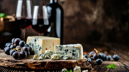 Fototapeta na wymiar Blue cheese paired alongside a selection of fine wines