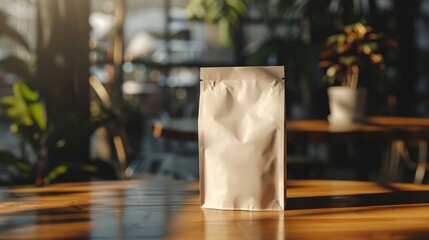Fototapeta na wymiar blank coffee bag mockup on table with cinematic light effect, coffee bag mockup 