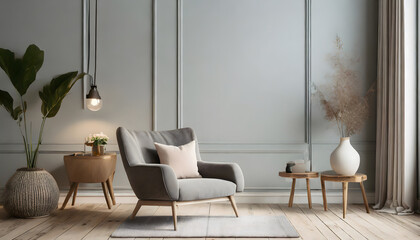 Empty wall in Scandinavian style interior with armchair. Minimalist interior design . Generative AI.