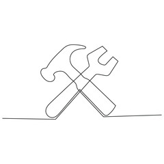 Hammer and wrench single line art, continuous one line drawing of  Isolated outline vector
 art black white background