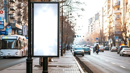 Blank mock up of vertical street poster billboard on city background.   - obrazy, fototapety, plakaty
