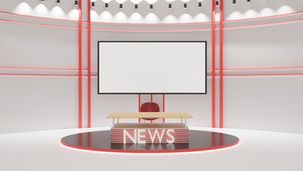 wood table on stand with led screen background in the red news studio room.3d rendering.