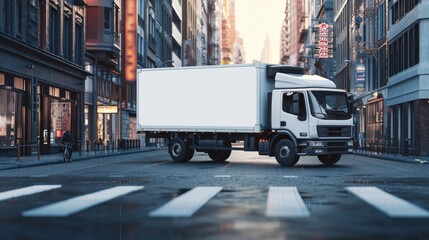 Cargo truck with blank side mock up on city streets   