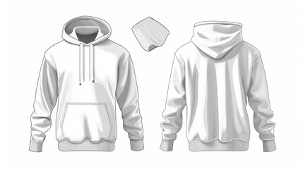 Classic Hoodie technical fashion illustration. hoodie vector template illustration. front and back view. oversized. drop shoulder. unisex. white color. CAD mockup   