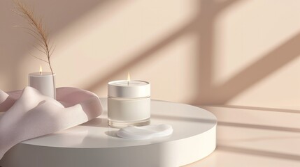 Fototapeta na wymiar Cream product mockup for spa skin care on table with candle. Fashion beauty concept 