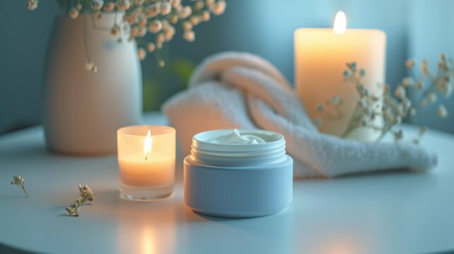 Cream product mockup for spa skin care on table with candle. Fashion beauty concept    