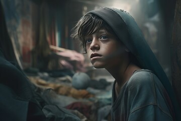 Melancholic boy abandoned houses. Adult teenager with old clothes head. Generate AI