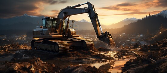 excavator working on a construction site at sunset, low angle view