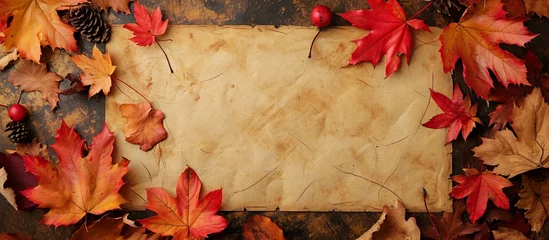 Foto auf Leinwand Maple leaves and invitation card, autumn wedding, top view, text space © TheWaterMeloonProjec