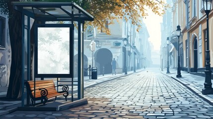 illustration of bus stop with empty advertising banner and benches placed on cobblestone pavement on city street    - obrazy, fototapety, plakaty