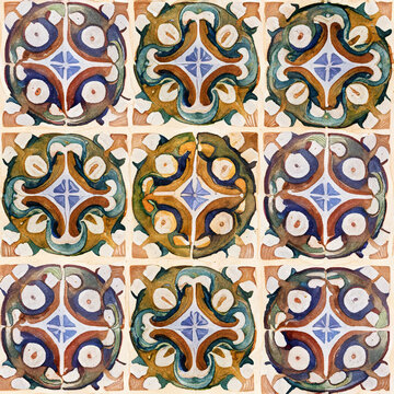 ornaments on the tiles watercolor, pain, Italy Majolica, floral ornament