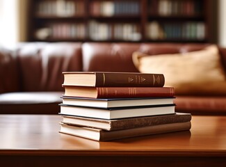 Fototapeta premium A pile of books on the table in the living room with a sofa in the background behind it. generative AI