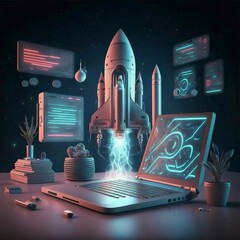 Digital illustration of rocket and laptop background with blue neon light