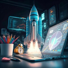 Digital illustration of rocket and laptop background with blue neon light