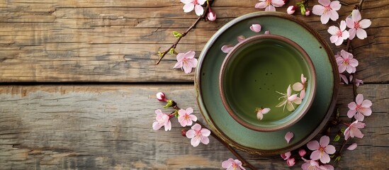 Fototapeta na wymiar Top view of green tea in a ceramic cup adorned with cherry blossoms on a wooden background.