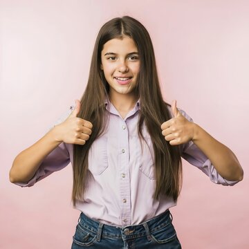 portrait of girl standing and giving thumbs up on pink background