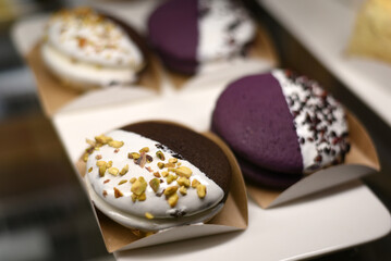 Sweet macarons in a pastry shop