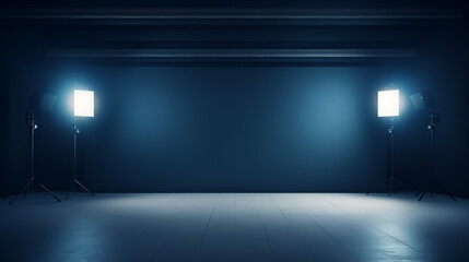 Blue-Themed  Scene Set with Professional Lighting Equipment on Each Side, Ideal for Product Showcases or Video Production, Elevating the Presentation with a Studio-Quality Atmosphere