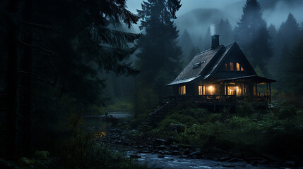 mountain cabin nestled in a cabin watching the rain - obrazy, fototapety, plakaty