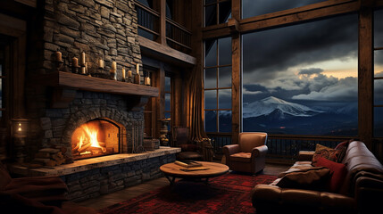 mountain lodge with a stone fireplace watching rain