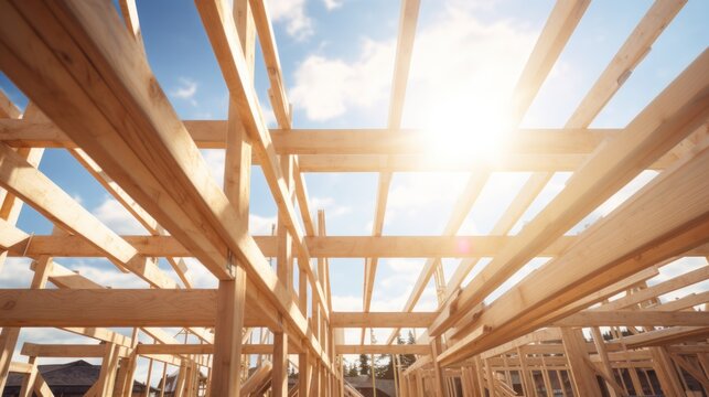 photograph of Timber frame structure at construction site against bright sunny sky.