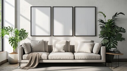 Three Frame mockup, Living room wall poster mockup. Interior mockup with house background. Modern interior design.   