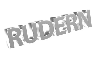 Rudern - plakative silberne 3D-Schrift, Wassersport, Sportart, Ruderboot, Paddeln, Ausdauertraining, Teamarbeit, Wettkampf, Fitness, Gleichgewichtstraining, Körperkoordination, Rendering, Freisteller