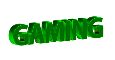 Gaming, plakative grüne 3D-Schrift, Gaming, Computerspiele, Online-Gaming, E-Sport, Gaming-Community, PC-Spiele, Konsolenspiele, Virtual Reality, Multiplayer, Rendering, Freisteller, Alphakanal