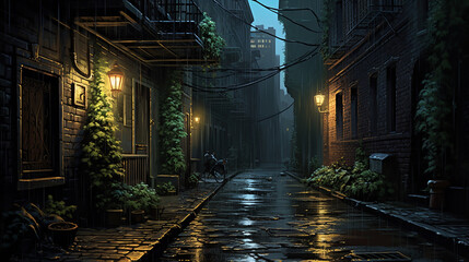 a narrow alleyway glistens night rain in a alleyway. - obrazy, fototapety, plakaty