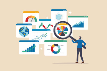 Analysis report research result, chart and diagram dashboard, financial graph statistics, analyze data, SEO or optimization concept, businessman with magnifying glass analyze research chart and graph. - obrazy, fototapety, plakaty
