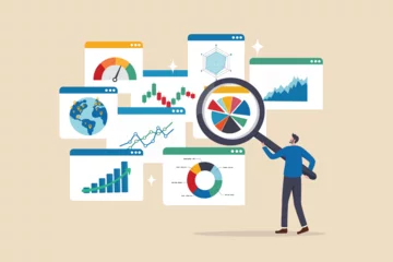 Fotobehang Analysis report research result, chart and diagram dashboard, financial graph statistics, analyze data, SEO or optimization concept, businessman with magnifying glass analyze research chart and graph. © Nuthawut