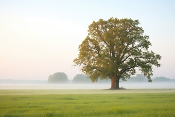 Fototapeta na wymiar lone oak tree shrouded by early morning fog in meadow