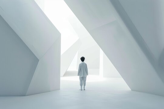 A person dressed in futuristic fashion, standing in a stark, white geometric space, symbolizing the future and minimalism