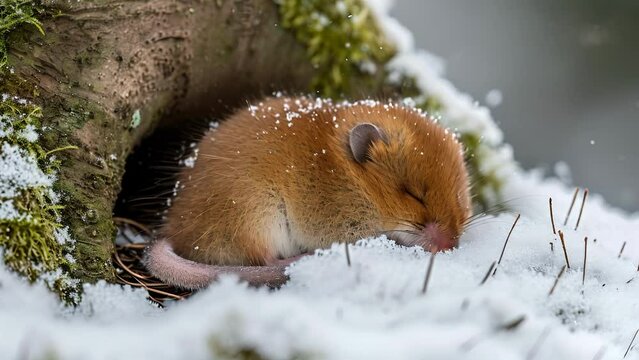 Closeup of the dormouses fluffy tail perfectly blending in with the snowy backdrop as it cuddles into its nest for a long winters nap.