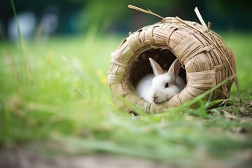 rabbit nestled in a grasswoven pet igloo