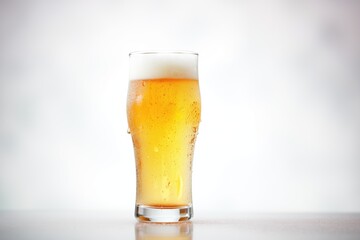 icy pilsner glass with water droplets, plain background