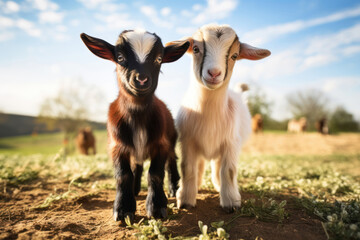 Two funny baby goats playing on the farm.