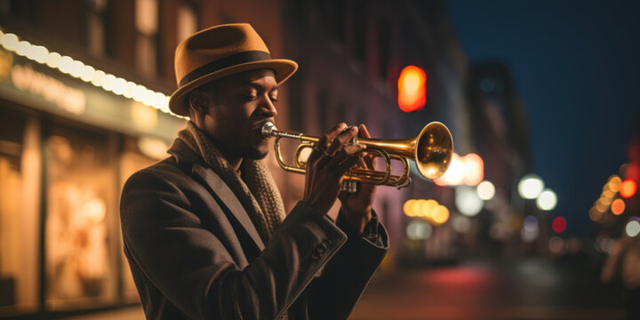 A trumpet player wearing a hat and playing a trumpet in a street at night
